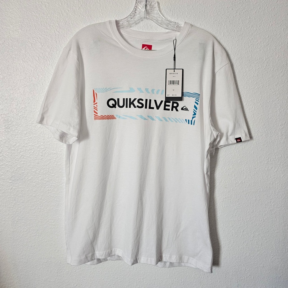 New! Quiksilver Mens Graphic Logo T-Shirt White Blue Orange Short Sleeve Medium